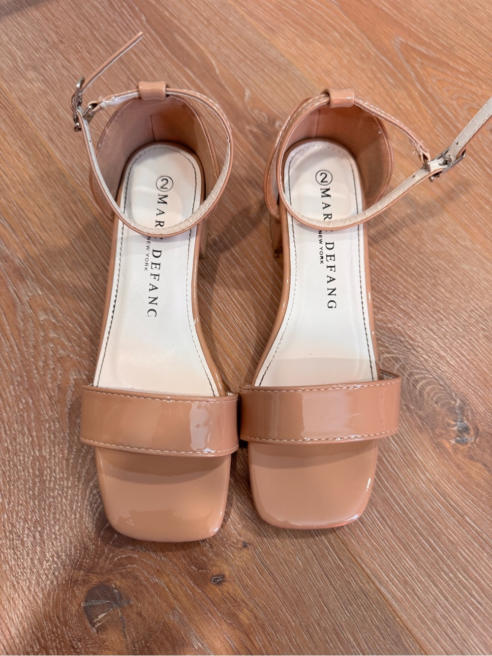 Mark Defang Patent Ankle-Strap Heels in Nude